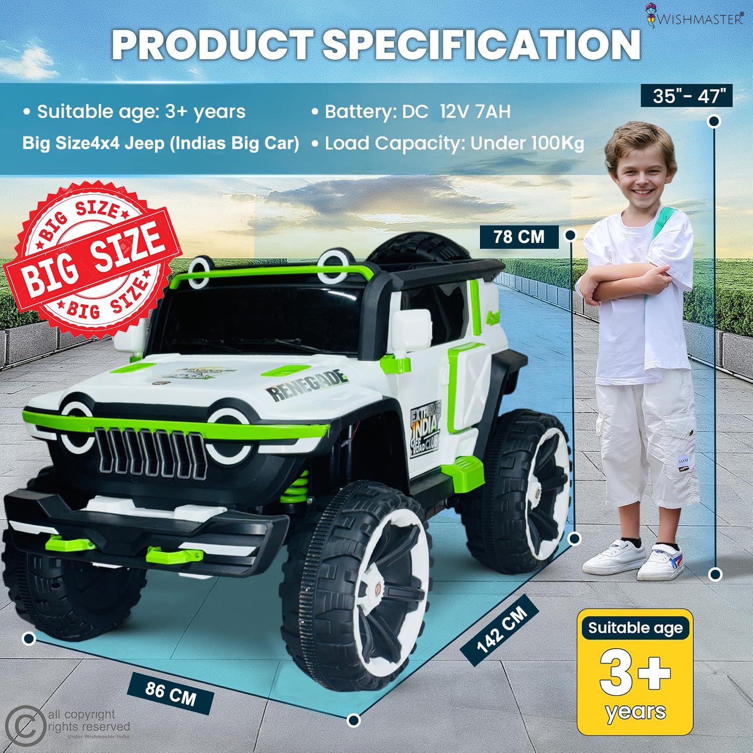 Toy jeep with specifications and a child for scale on a tiled floor.